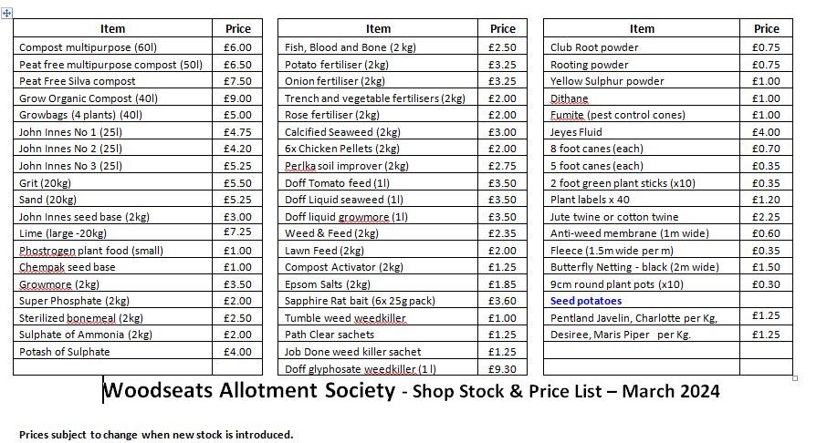 Image of shop price list